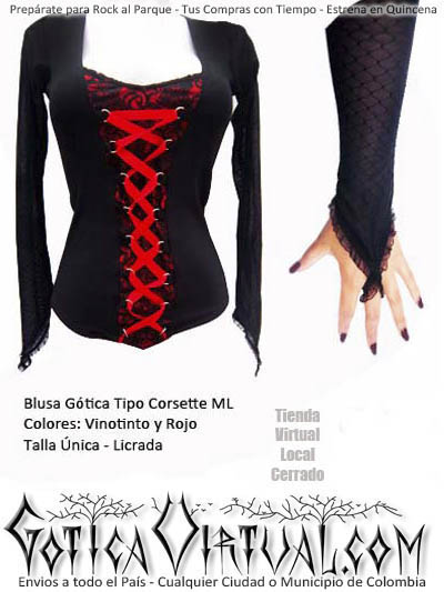 Blusa Gotica Bogota Manga Larga corset Envios Medellin Cali Barranquilla panama Cartagena Ropa Metalera Femenina Tienda Ventas por mayor y detal